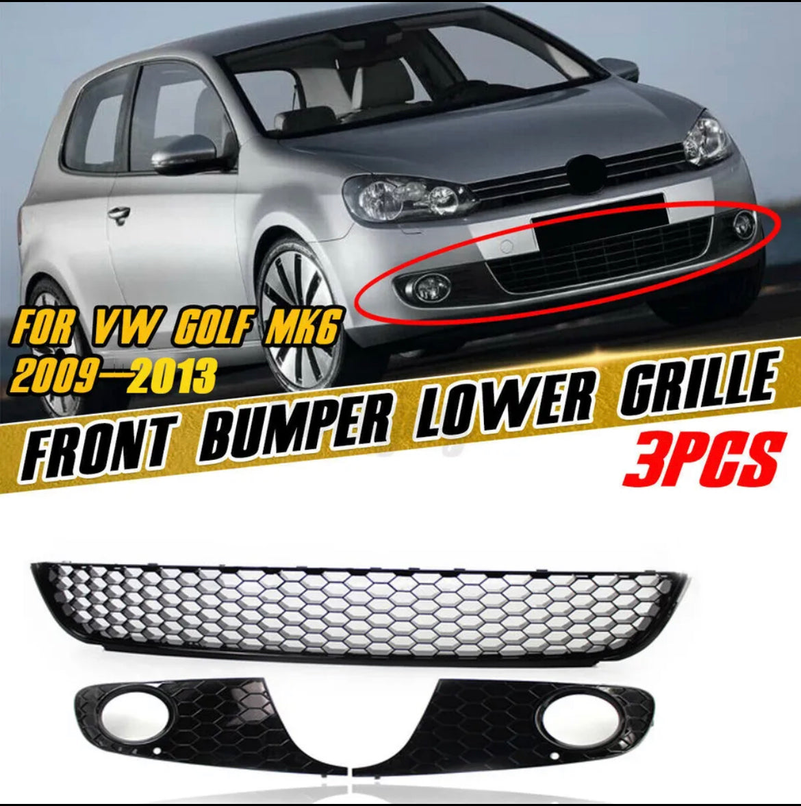 For VW Golf MK6 VI Front Grille Bumper Honeycomb+2pc Fog Light Grill Black Gloss