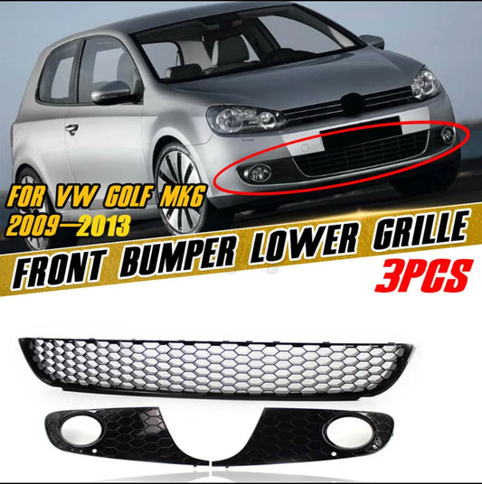 For VW Golf MK6 VI Front Grille Bumper Honeycomb+2pc Fog Light Grill Black Gloss