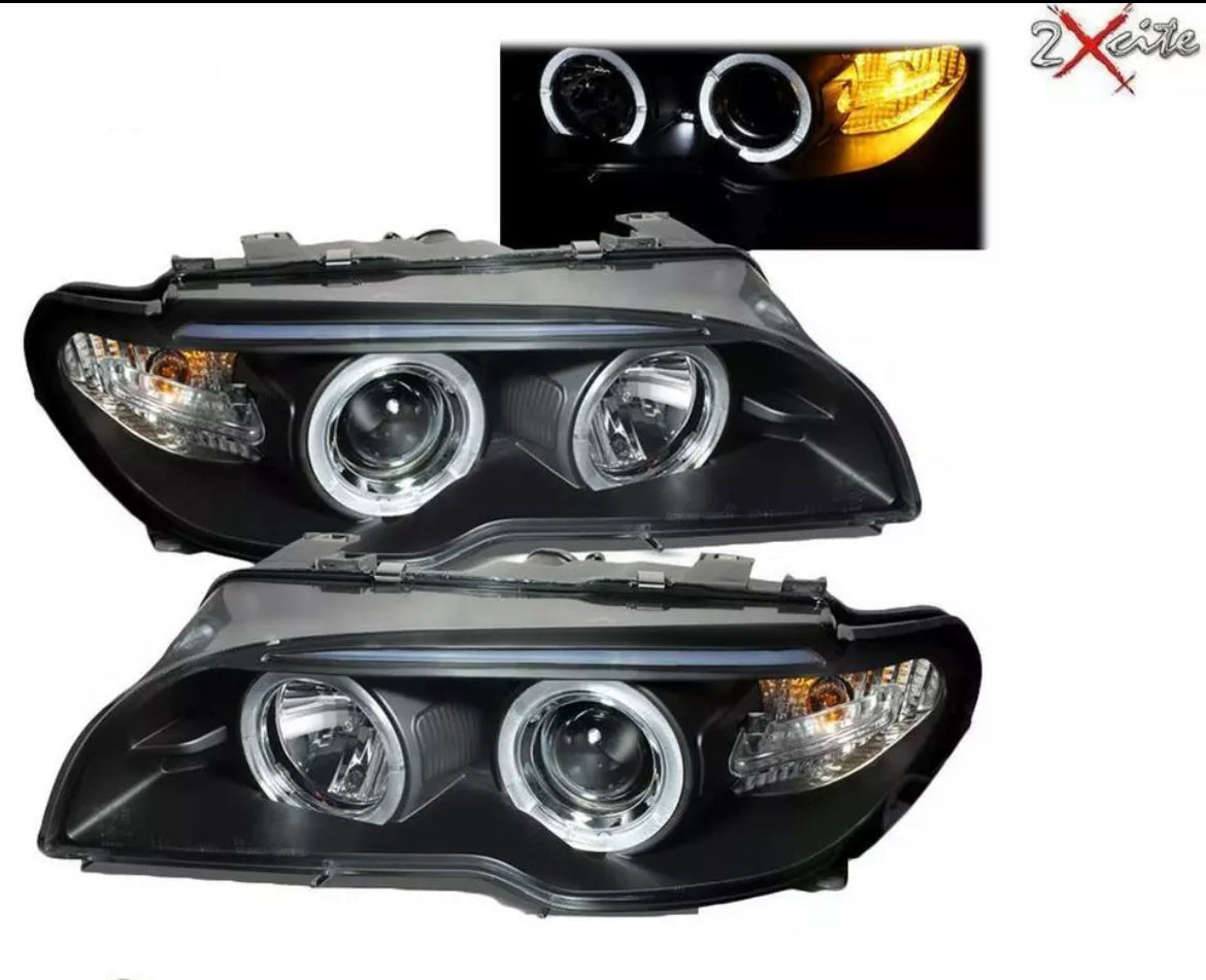 BMW E46 3 SERIES 2 DOOR 2003-2005 BLACK PROJECTOR ANGEL EYE LED HALO HEADLIGHTS