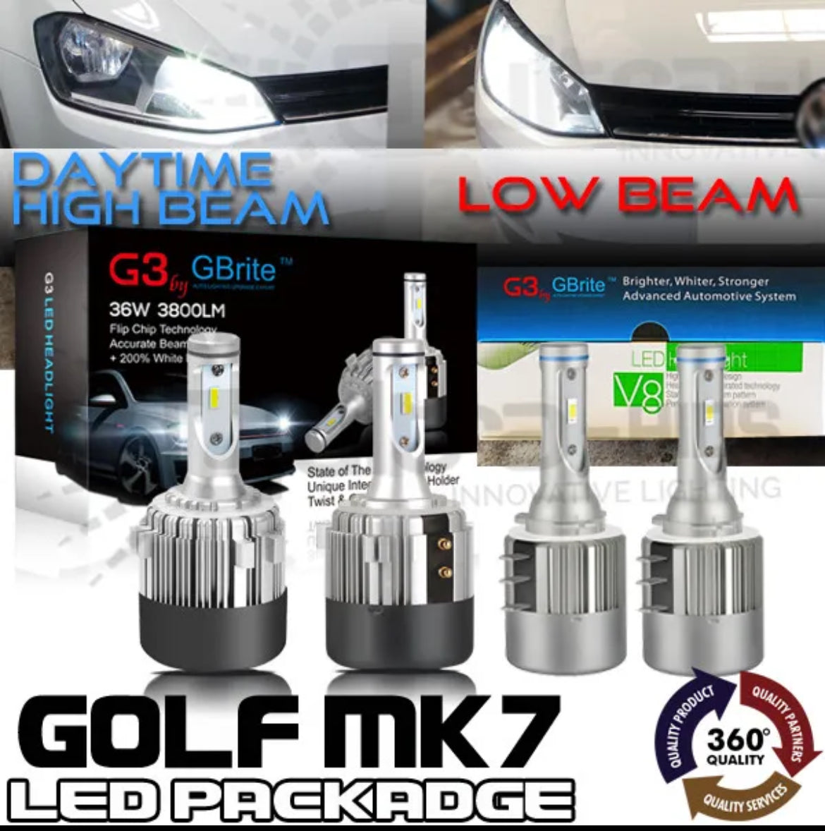 VW GOLF MK7  LED HEADLIGHT KIT V2 PACKAGE DRL SUPER HIGH BEAM FLASH  H15 H7